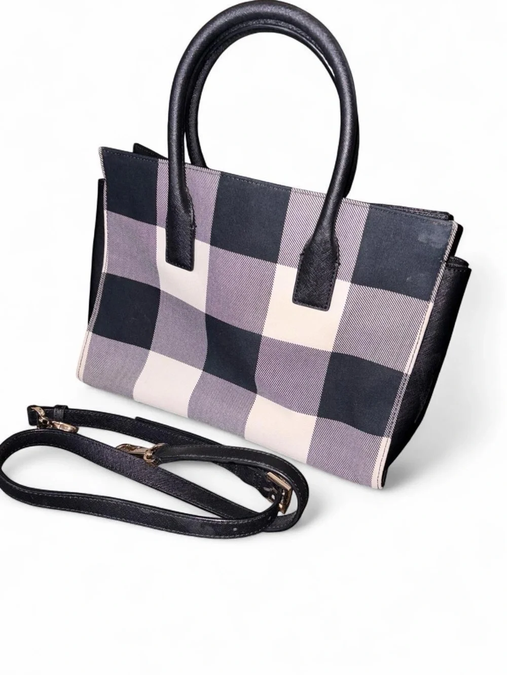 kate spade Black, Gray and White Plaid Satchel with Detachable Strap